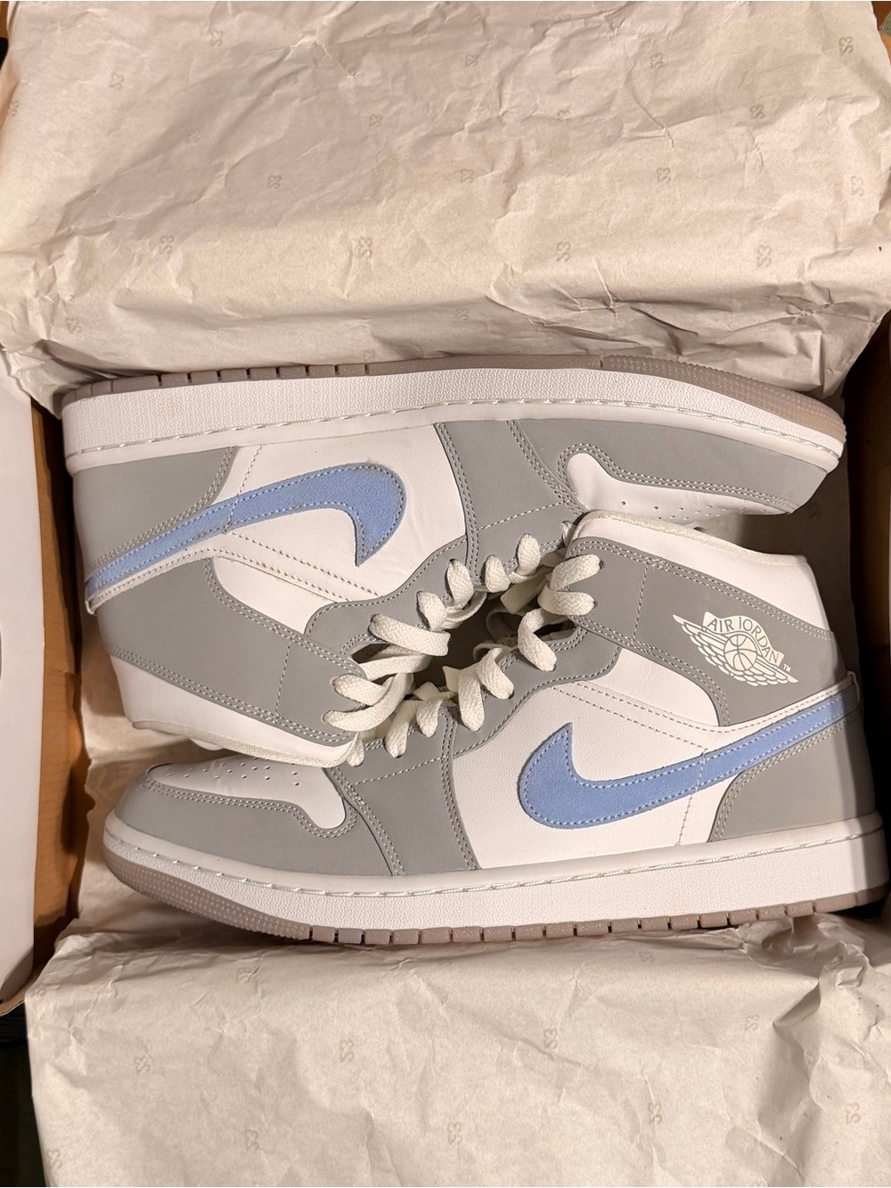 Jordan Mid Sneakers in White, Gray & Light Blue